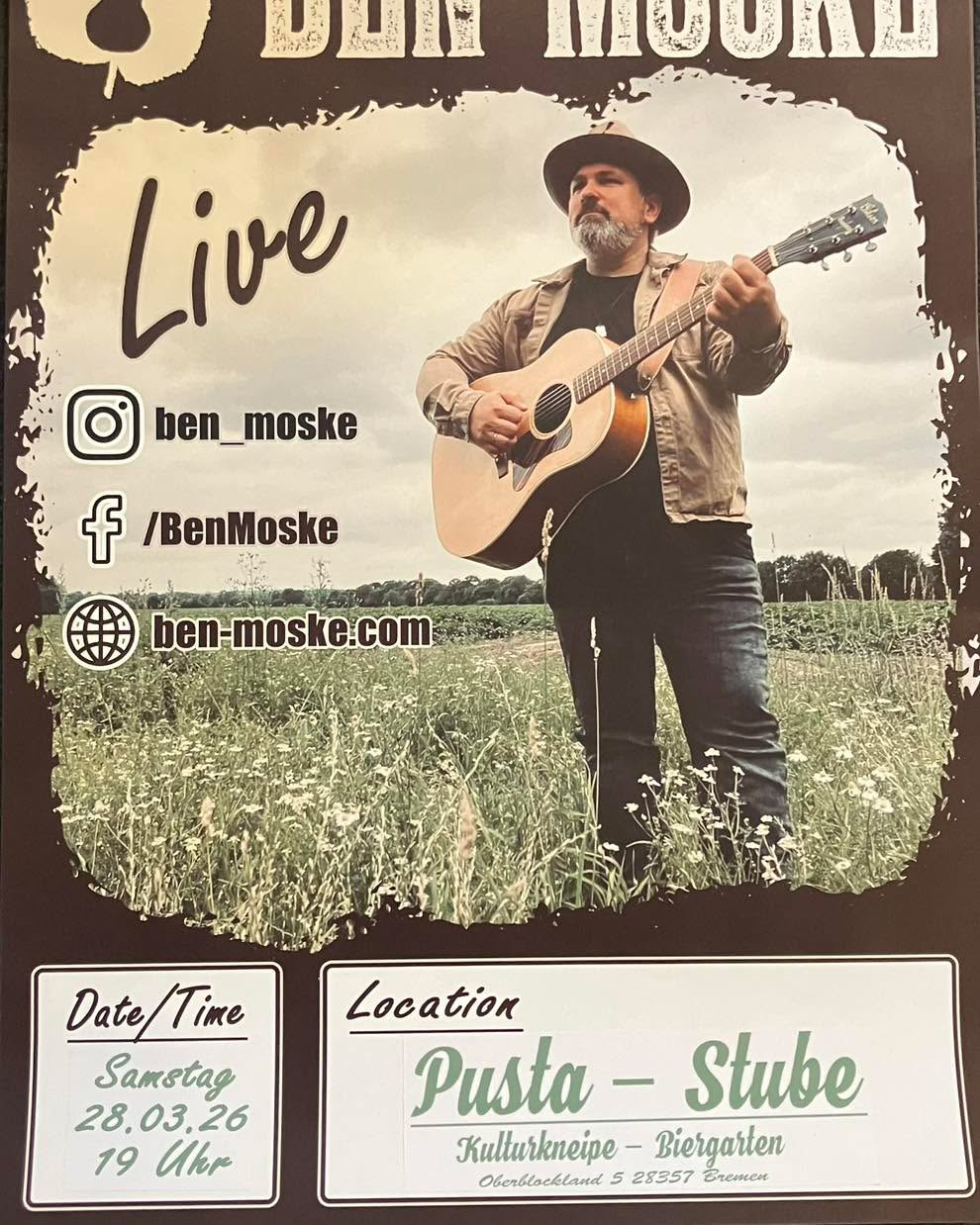 Nach dem Konzert ist vor dem Konzert! 😊 

Am 28.03. geht es direkt weiter, dann sind wir zu Gast in der Pusta-Stube in Bremen. Kommt gerne vorbei um 19 Uhr gehts los. 

Wichtig bitte vorab einen Tisch reservieren unter 0421/274332.

Wir freuen uns auf euch. 😊

#keepitcountry #countrydeutschland #esgehtnurgemeinsam #sigmaguitars #ben_moske #endlichwiederlive #folk #country #follower #pustastube #bremen